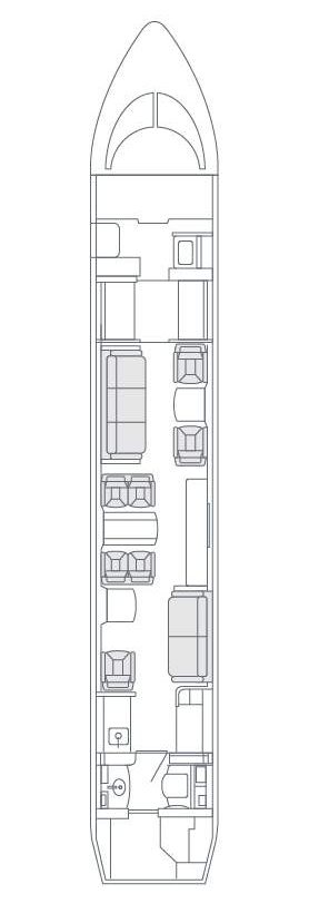 Interior confortable y espacioso del Gulfstream GIV, ideal para viajes de negocios o placer con hasta 14 pasajeros.