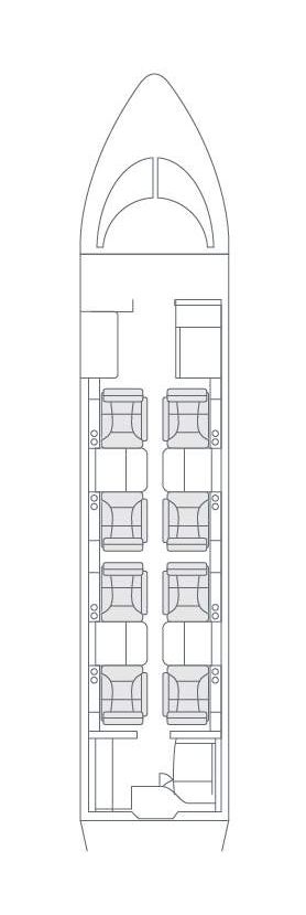 Interior confortable y espacioso del Learjet 45, ideal para viajes de negocios o placer con hasta 9 pasajeros.