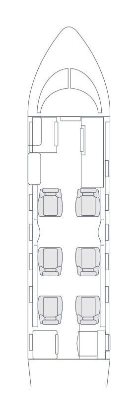Planos detallados del jet Phenom 300, mostrando la distribución interior, la configuración de los asientos y las dimensiones del avión.